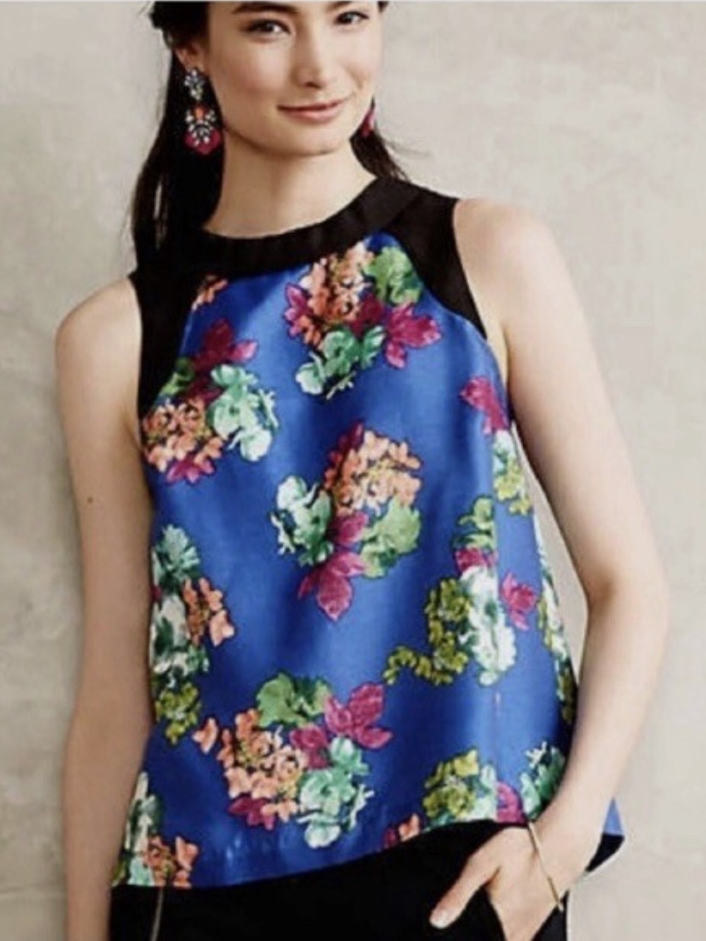 Anthropologie HD in Paris Blue Floral blouse with Black Trim NWOT size 16